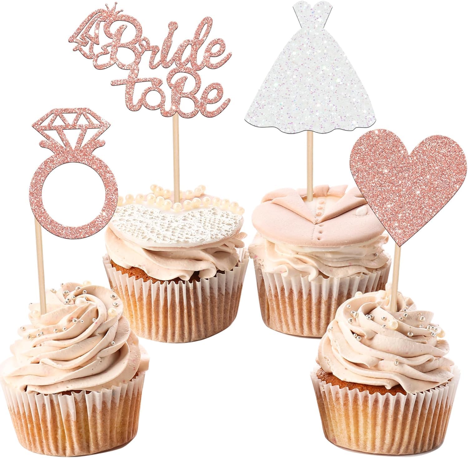 24 PCS Bride to Be Cupcake Toppers with Heart Ring Dress Bridal Shower Cupcake Picks Wedding Engagement Bachelorette Party Cake Decorations Supplies