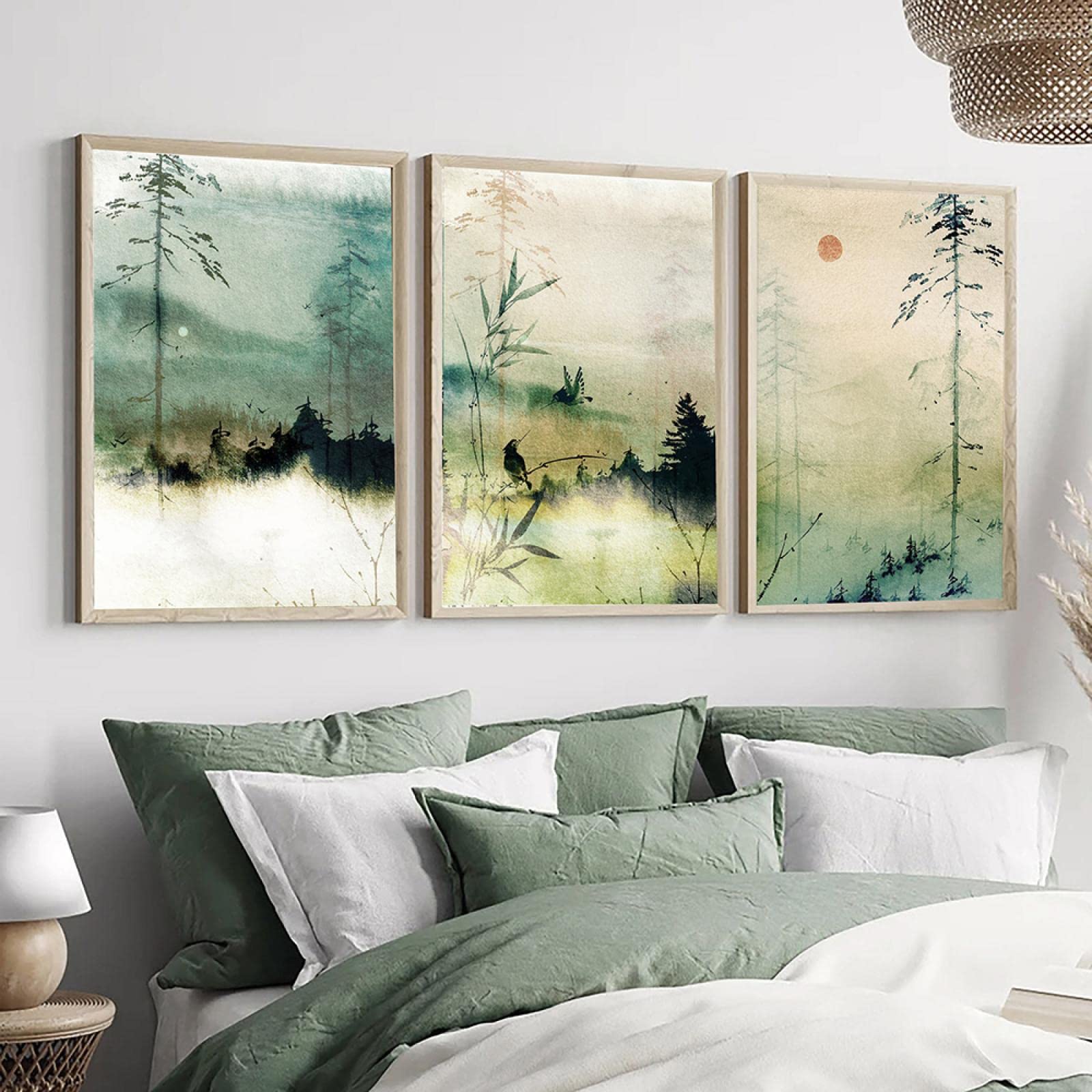 SDVIB Landscape Wall Art Watercolour Poster Green Bamboo Picture Nature Print Japanese East Canvas Painting Modern Living Room Decor 50x70cm-3Pieces Frameless