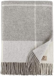 LINEN & COTTON Plaid di Lusso a Quadri Coperta/Copriletto/Coperte Olivia - 100% Lana Merinos Superfine, Grigio/Bianco (140 x 200cm), Adatto per Letto o Divano, Singolo/Matrimoniale
