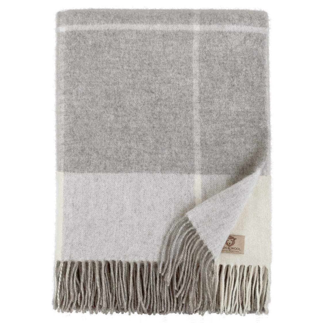 Linen & Cotton Manta Sofa/Mantas de Cama de Lujo Olivia a Cuadros - 100% Pura Lana Merino, Gris/Blanco (140 x 200cm) Plaid/Blanket/Funda Single Matrimonial de Lana Oveja Ideal para el Invierno