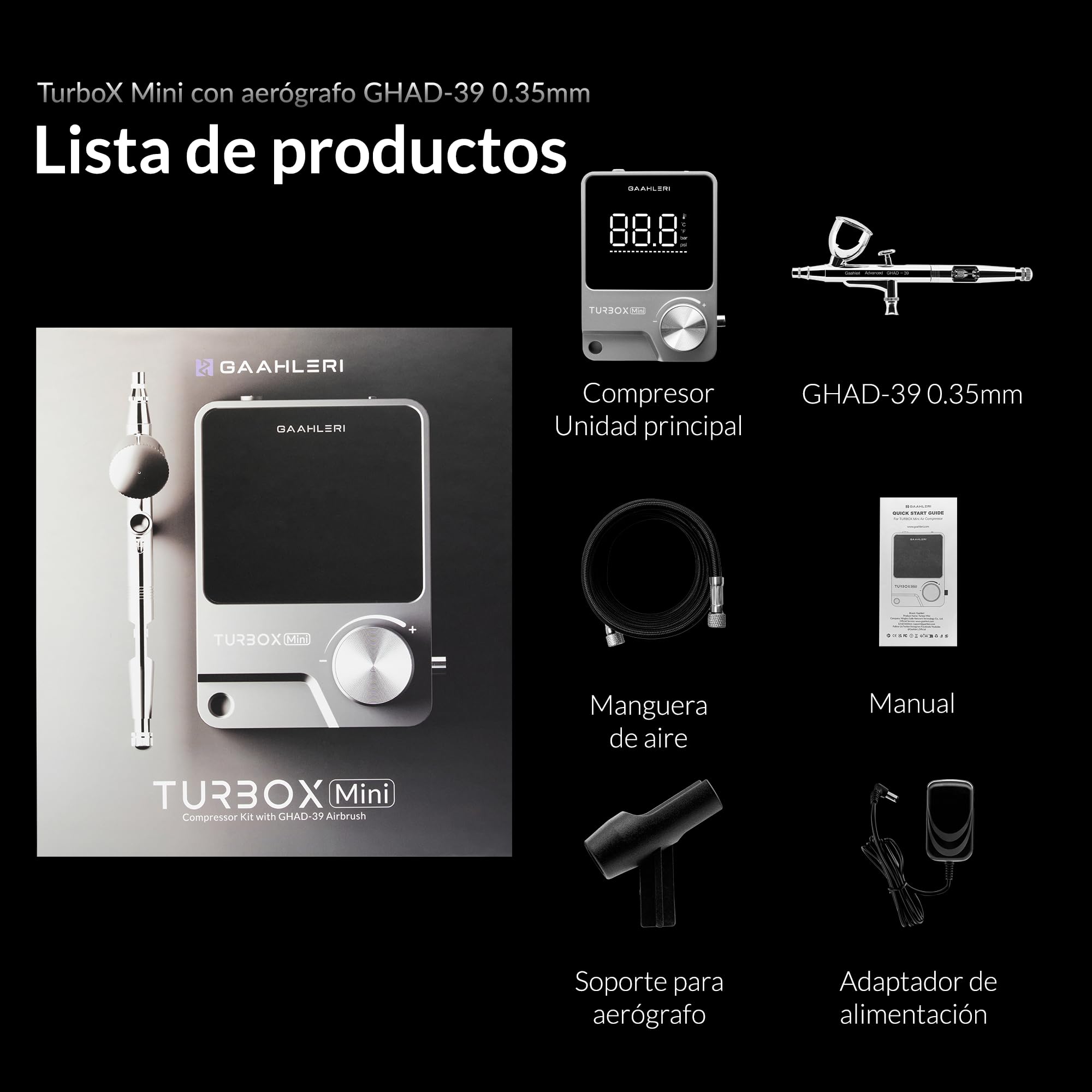 Gaahleri Aerógrafo , Turbox mini con GHAD-39, aerógrafo de doble acción y compresor de aire con control de aire de 18 niveles, ultra silencioso y conmutación de doble modo, multiescenario