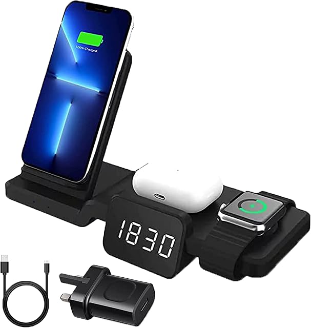 BAMEEY iPhone Wireless Charger 3 in 1 Wireless Charging Station,Wireless Charger Stand iphone 14/13/12MaxPro, Airpods2/3/pro,Iwatch7/6,Apple Wireless Charging Dock with USB C & Clock(Adapter included)