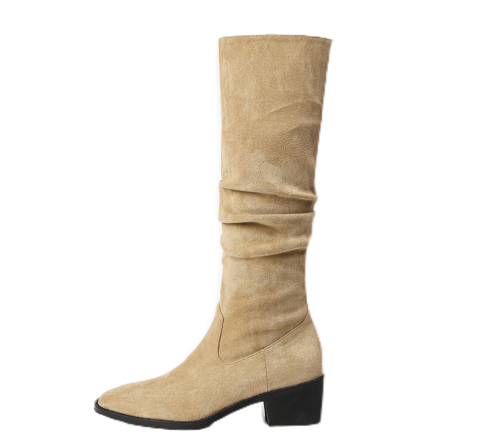 Artykey Women's Knee High Boots Chunky Heeled Suede Mid Calf Cowgirl Boots Fashion Western Boots