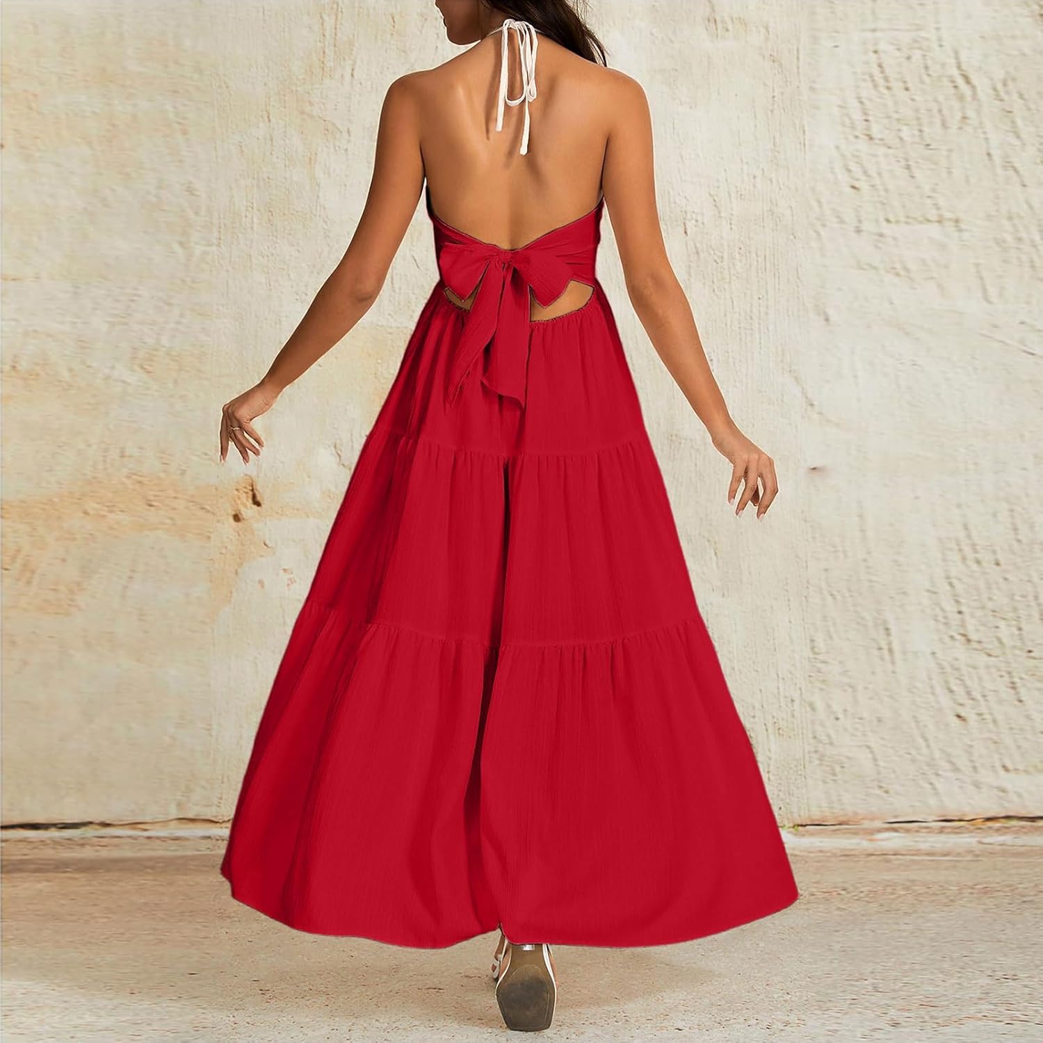 Summer Beach Dresses for Women Cross Halter V Neck Flowy Vacation Dress Tie Back Empire Waist Maxi Sundresses