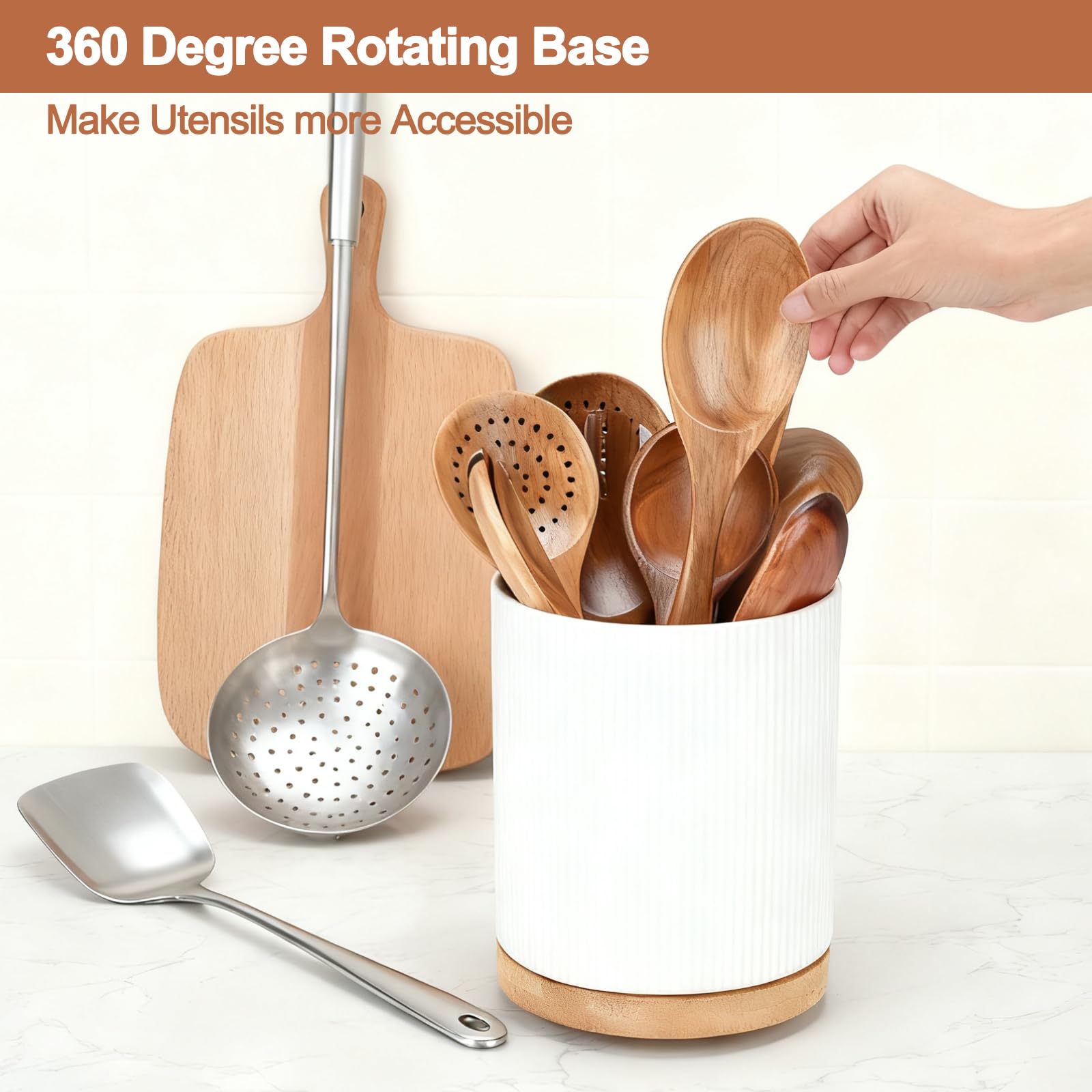 Keramik Küchenutensilienhalter 360° Drehbarer– 15 x 20 cm Utensilien-Organizer Große Utensilienhalter küche für Löffel, Pfannenwender und Besteck | Weiße Reliefglasur kitchen decor