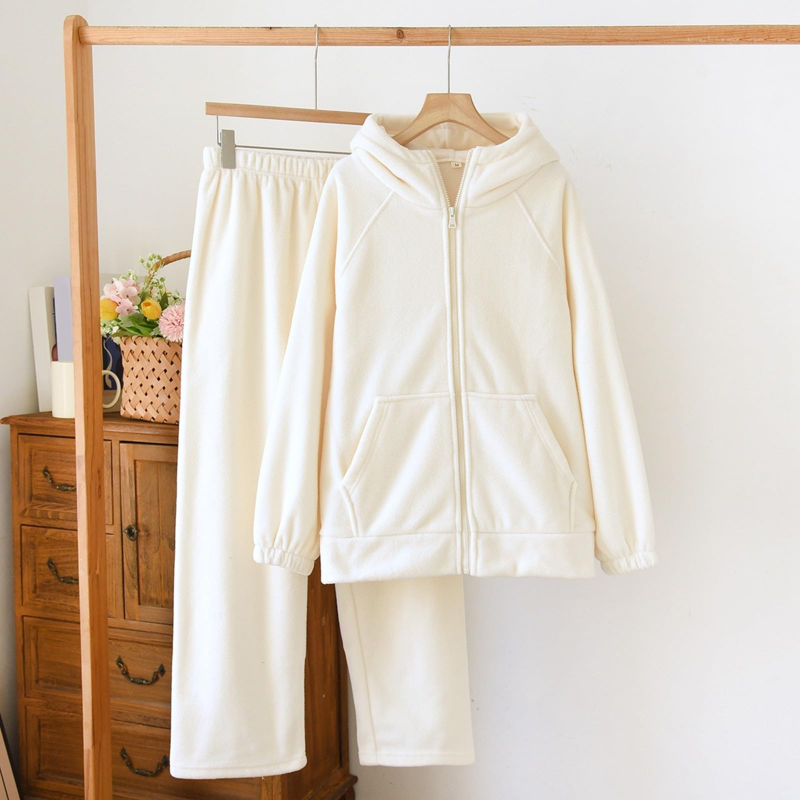Generisch Pigiama da donna, lungo, invernale, con fodera in peluche, chiusura lampo, con tasche e soffici, morbidi pantaloni da sonno, in due pezzi, per attività all'aria aperta