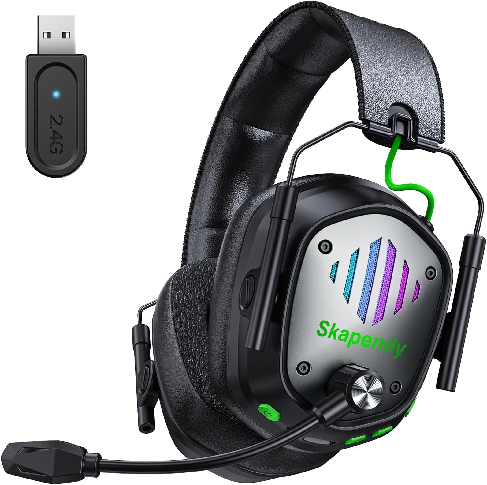 Skapendy Wireless Gaming Headset for PS5,PC,Mac, 2.4GHz Wireless & Bluetooth 5.4 RGB Gaming Headphones with Noise-Canceling Mic, Low Latency, Stereo Sound, 50Hr Battery Life, Black