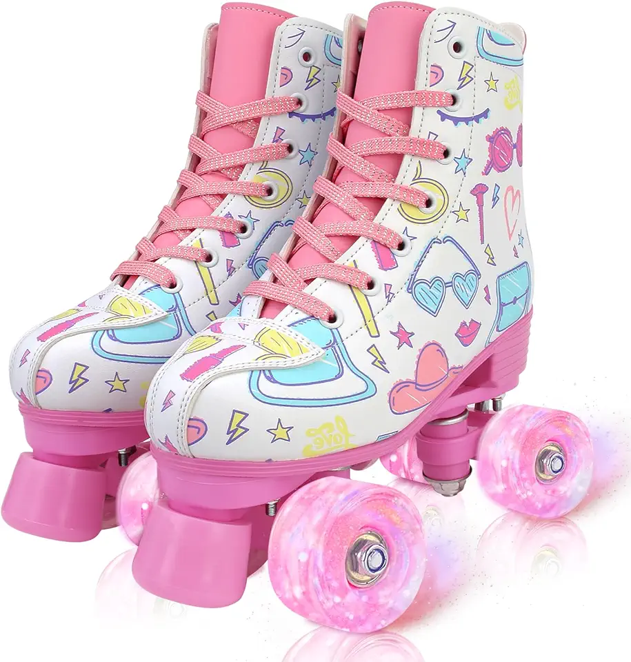 jessie Girl Roller Skates for Kid, PU Leather Flash Rainbow Adjustable Roller Skates Girls Ages 5-12 Four-Wheel Beginner Adult Indoor Outdoor