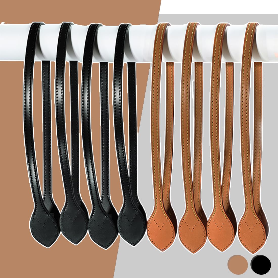 4 Manijas de Cuero para Bolsos y Accesorios, Manija de Correa de Cuero Genuino, Correas de Repuesto (Negro + Marrón)