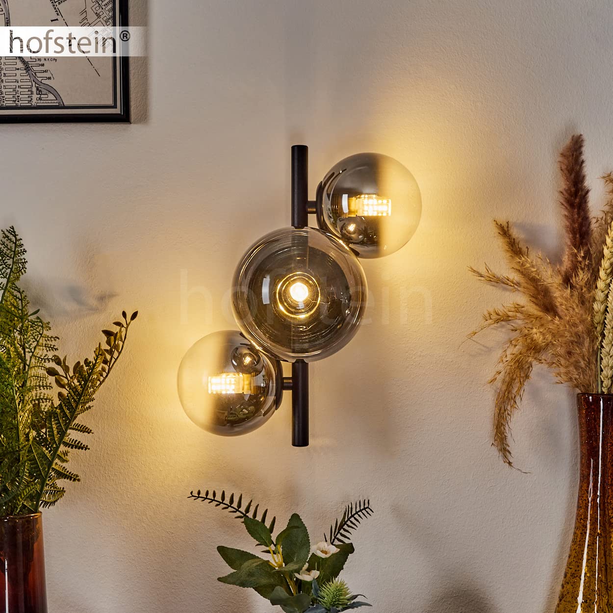 HOFSTEIN Wandleuchte Chehalis, Wandlampe aus Metall/Glas in Schwarz/Rauchfarben, Leuchte im modernen Design, mit runden Schirmen aus Glas, 3-flammig, 3 x G9, Wohnzimmer, Schlafzimmer, Esszimmer