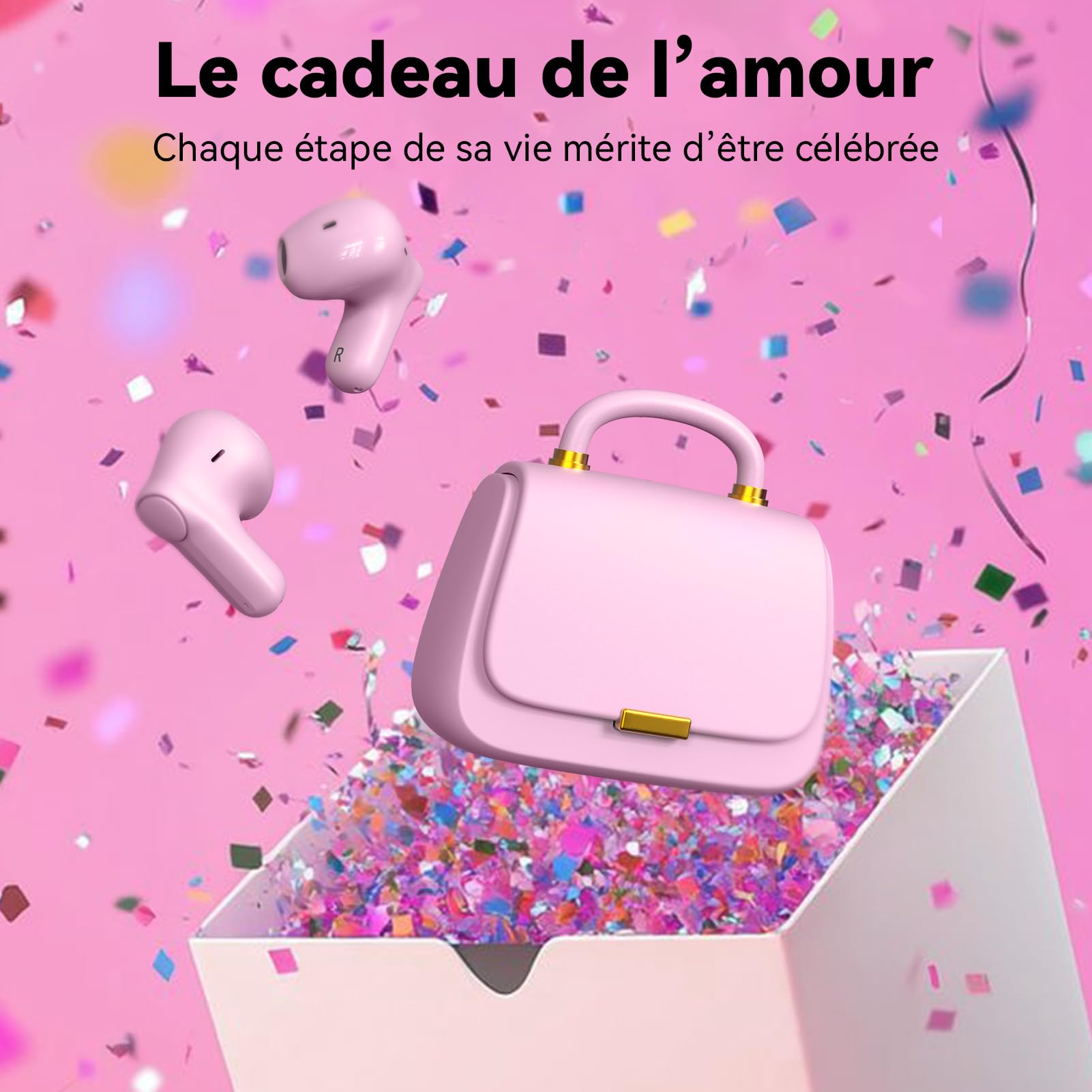 ANCwear Écouteurs Bluetooth 5.4 in-Ear, Étui Façon Sac à Main, Rose