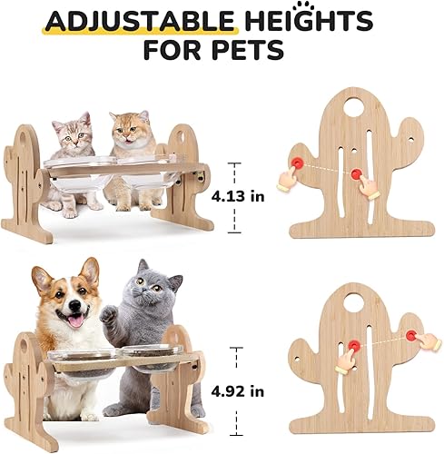 Miniatura 6 de Cuencos elevados para gatos con forma de cactus, cuencos inclinados para gatos con 2 cuencos de vidrio y alfombrilla antideslizante para alimentos y