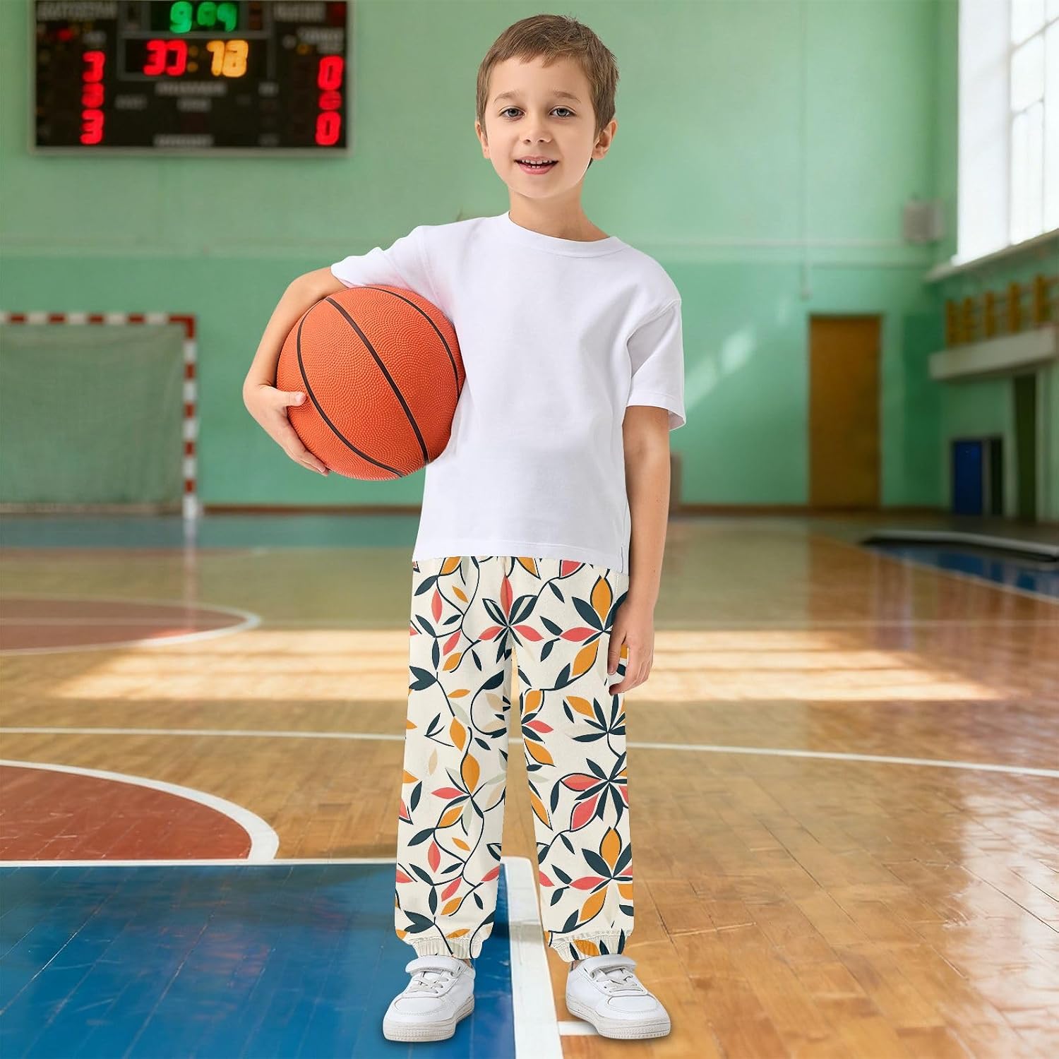 Boy Sweatpants Abstract Geometric Leaf Joggers Casual Athletic Pants Kids Elastic Waist Cuffed with Pockets