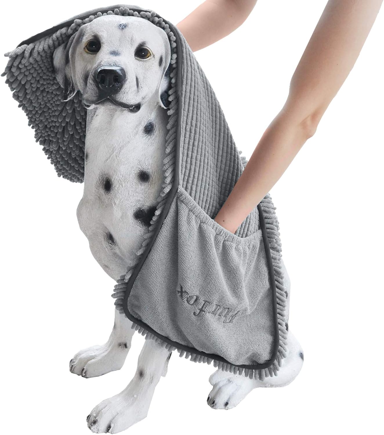 Furfox Super Absorbent Microfiber Dog Towel with Hand Pockets - Quick Dry, Machine Washable 35x15 Inch for Medium Large Dogs