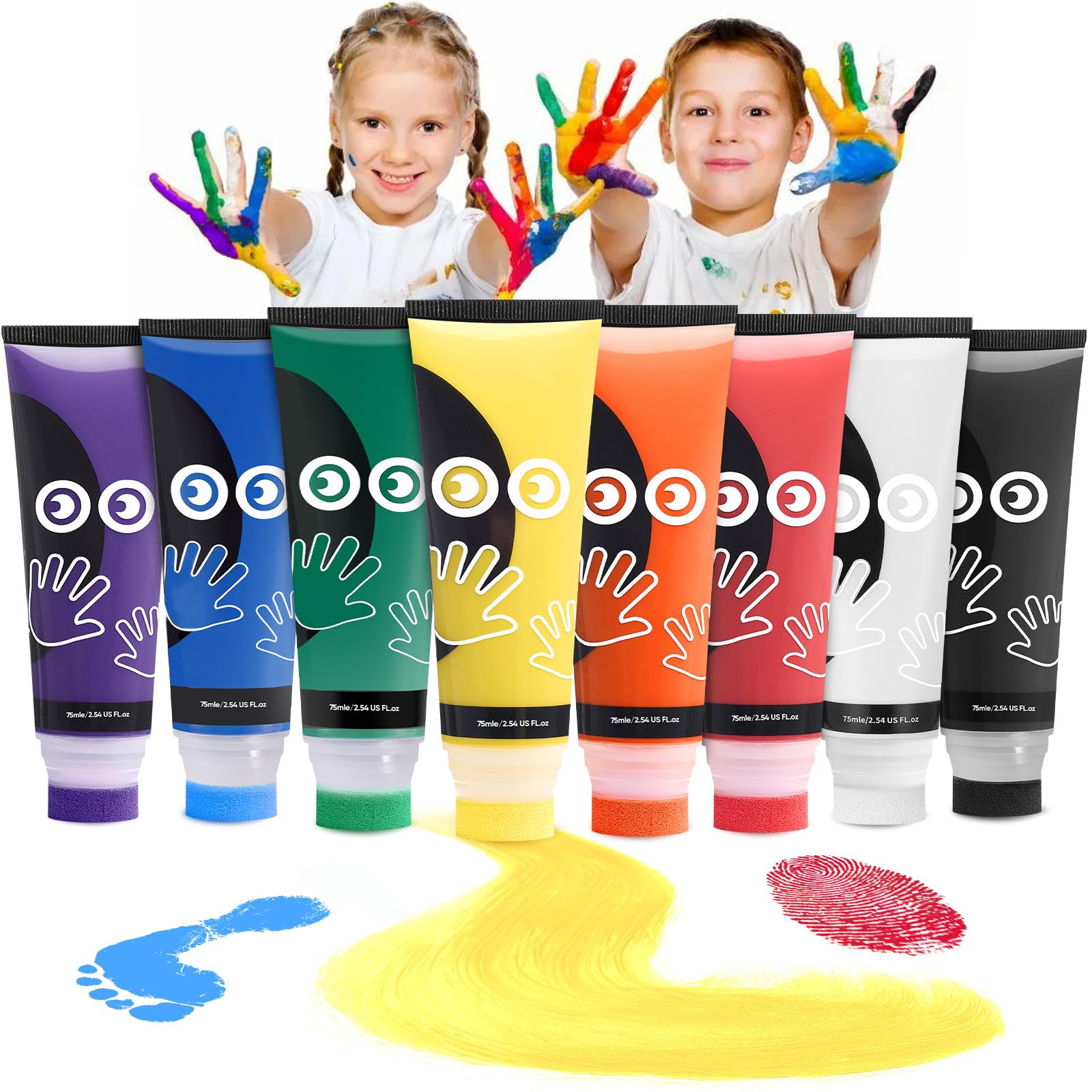 8 Colori Colori a Dita Lavabile, 8x75ml Set di Pittura per Bambini, Inchiostro per Impronte Con Attacco Spugna, Kit impronte Neonato per Regalo Battesimo Bimbo, Artigianato Familiare, Regalo di Natale