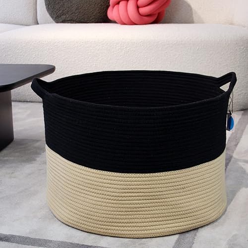 Miniatura 6 de Casaphoria - Canasta tejida con cuerda de algodón 3XL, con asa, para almacenamiento de mantas, cojines, edredones, ropa sucia de 21.7 x 21.7 x 13.8