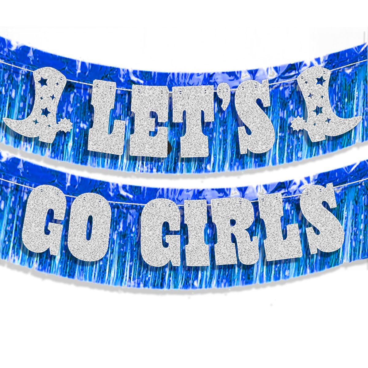 Denim and Diamonds Bachelorette Decorations - Silver Lets Go Girls Banner Blue Foil Fringe Garland - Western Last