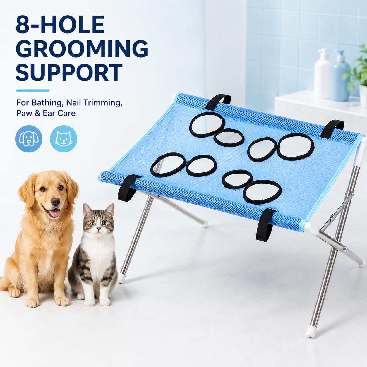 Jeeeun Pet Grooming Hammock with Stand for Cats Small Dogs Dog (Khaki) | Pet Bathing Hammock - 8-Hole Breathable Mesh, Ear Cleaning, Bathing Use, Foldable Design, Secure Strap