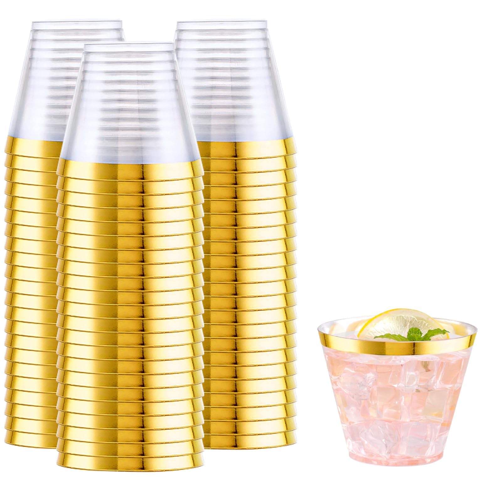 WELLIFE 200 PCS Gold Plastic Cups,9 oz Clear Plastic Cups,Disposable Wine Glasses,Plastic Cocktail Glasses for Party and Wedding