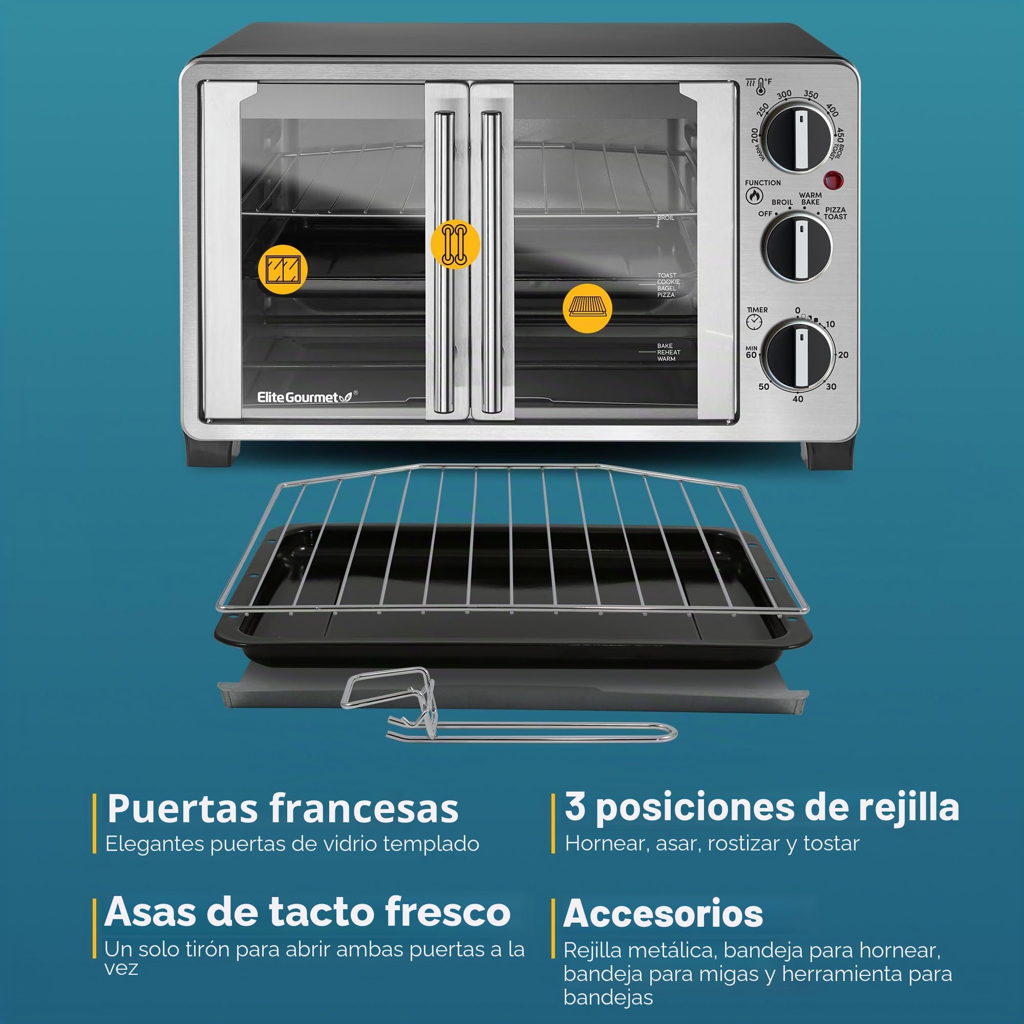 Elite Gourmet ETO2530M - Horno tostador de doble puerta francesa, hornear, asar, tostar, mantener el calor, se adapta a pizza de 12 pulgadas, capacidad de 25 l, acero inoxidable y negro