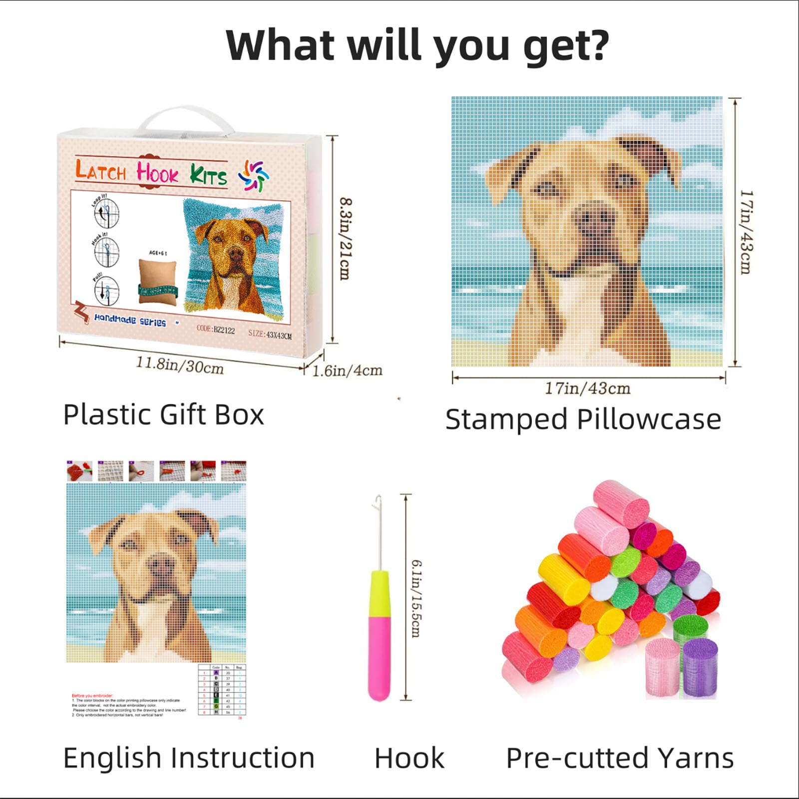 DIY Latch Hook Pillow Kits for Adults Cartoon Pitbull Dog Printed Pillowcase Crochet Yarns Hooking Handmade Pillow Cover Cushion for Home Sofa Decoration 17x17inch-3