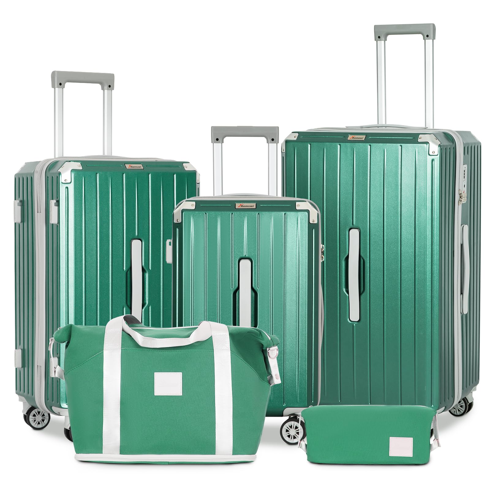 Romswi 5-Piece Luggage Set with Cup Holder TSA Lock, 20" 24" 28" Hardside Spinner Suitcase with Duffel Bag, Lightweight Durable PC+ABS Sage Green Travel Luggage