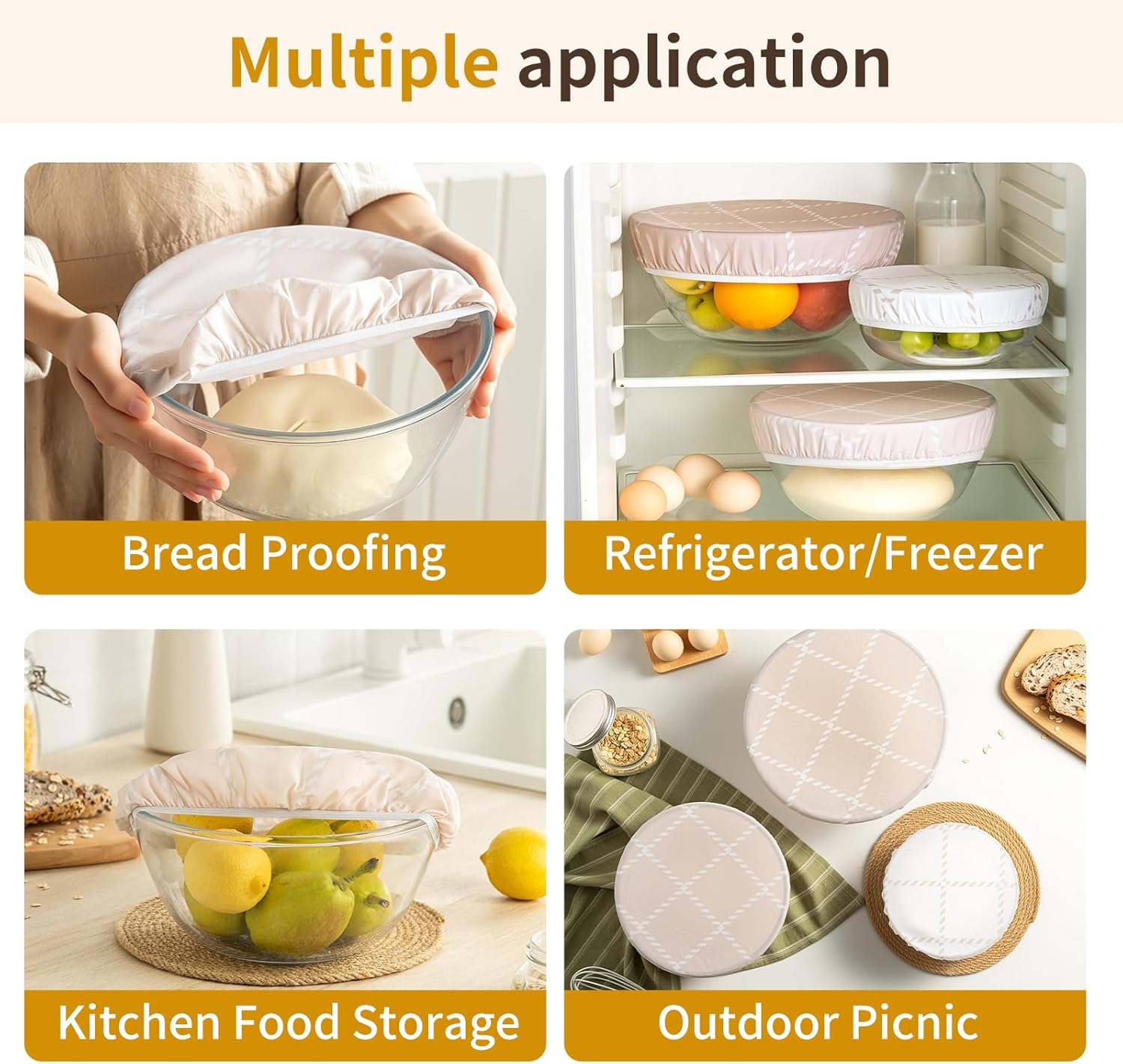 Reusable Bowl Covers for Bread Proofing- 3pc Beeswax Bowl Covers Reusable 8/10/12 Inch, 100% Organic Cotton, Elastic Cover for Sourdough- Shower Caps for Sourdough Bread, Dough Proofing & Food Storage