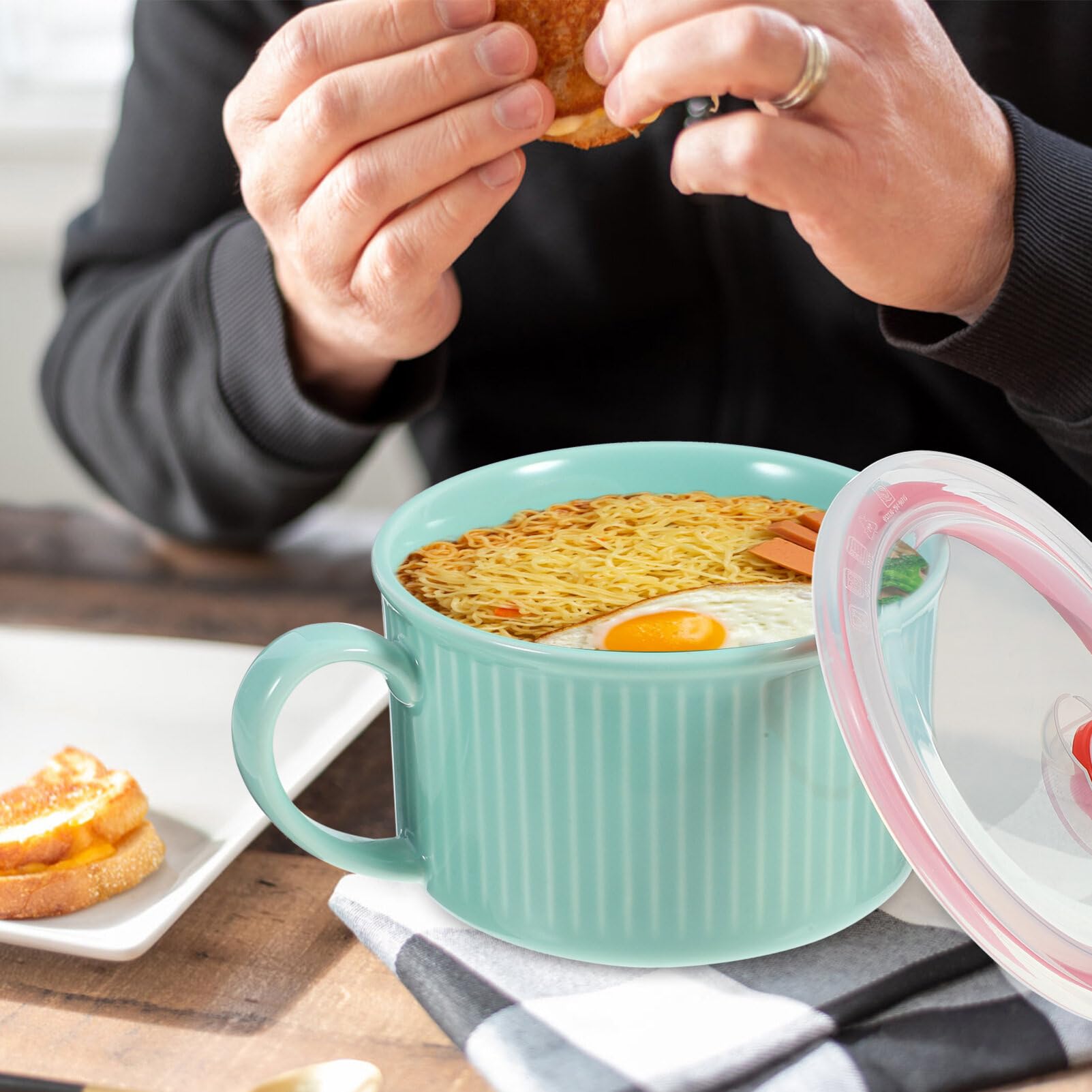 Keramik-Instant-Nudelschüssel, Instant-Nudelschüssel mit Deckel, Keramik-Ramenschüssel mit Griff, große Suppenschüssel, Bento-Lunchbox, Nudeln