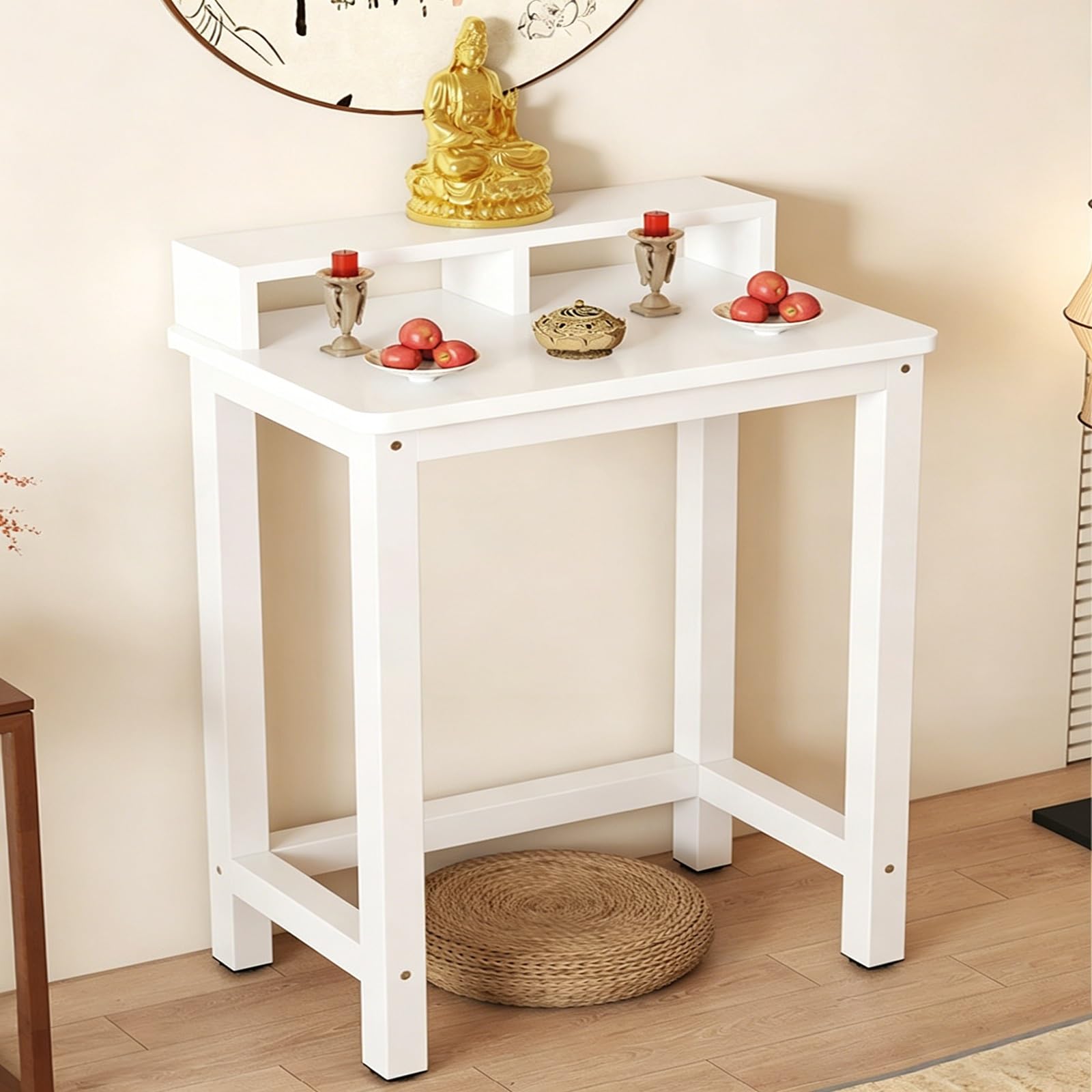 JNTFNE Metal Frame Meditation Altar Table, Buddha Puja Board with Storage, Prayer Stand Display Rack, for Living Rooms, Office, Shrines, Temples(White 1,60cm/23.6in)