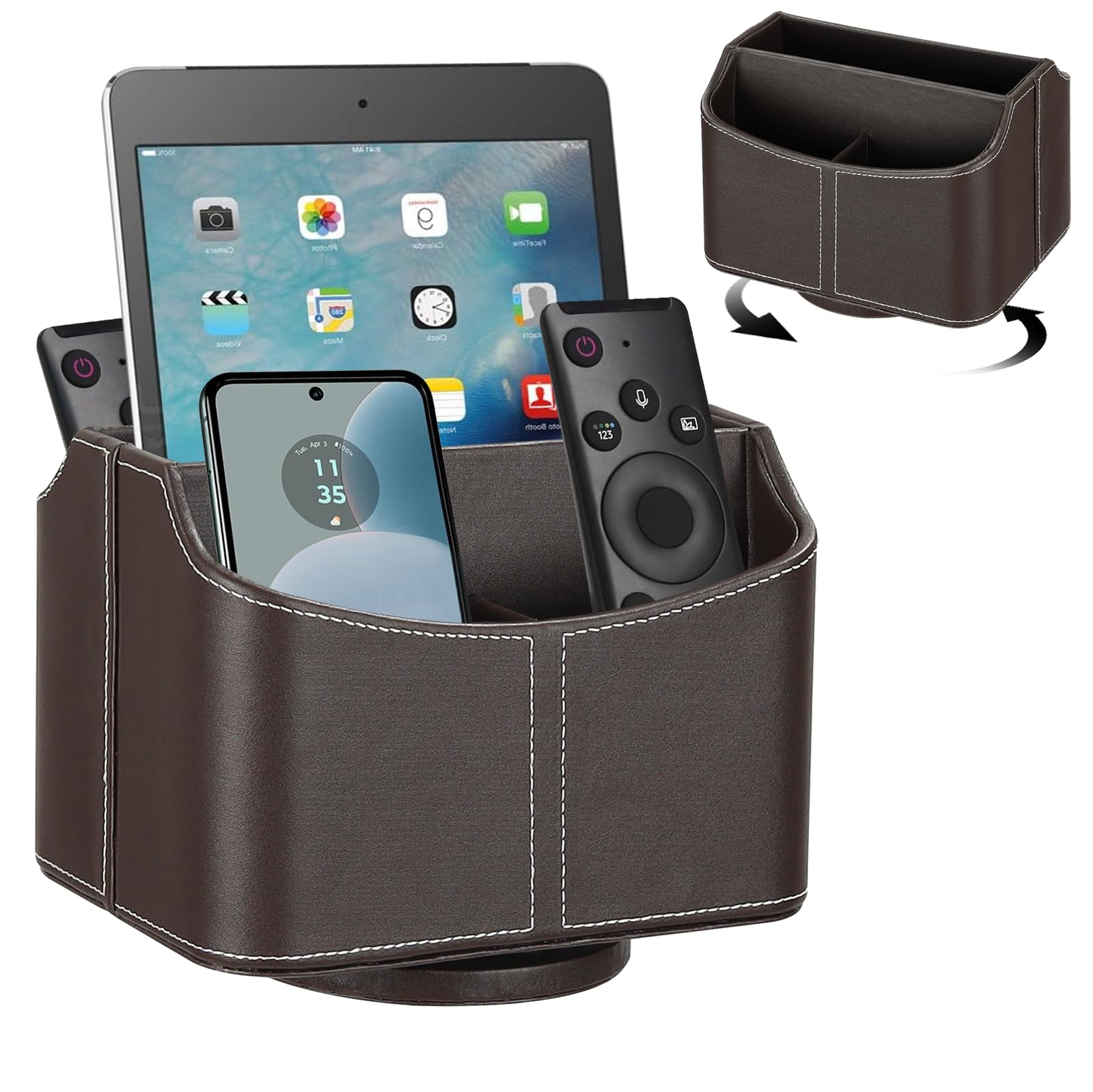 Dyserbuy 360 Grad Fernbedienung Halterung, Fernbedienungshalter mit 5 Taschen, Fernbedienung Organizer für TV, DVD, 4K Stick und Bluray Fernbedienungen, Braun