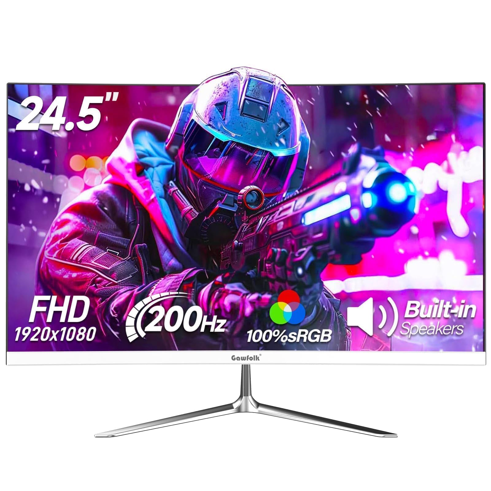 Gawfolk Monitor Gaming 24,5" | 200Hz FHD 1920x1080 | AMD FreeSync | Fast IPS | 100% sRGB |Design Senza Bordi | Altoparlanti Integrati | DisplayPort HDMI | per PC, PS5, Xbox