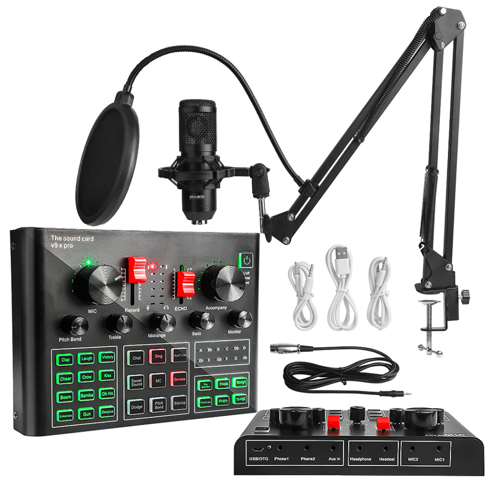 Prmnov V9 X Pro Condenser Microphone Bundle, Bm-800 Mic Live Sound Card, DSP Dual Chip, Wireless Bluetooth, Double Thruster, Adjustable Suspension Scissor Arm For Studio Recording And Broadcasting