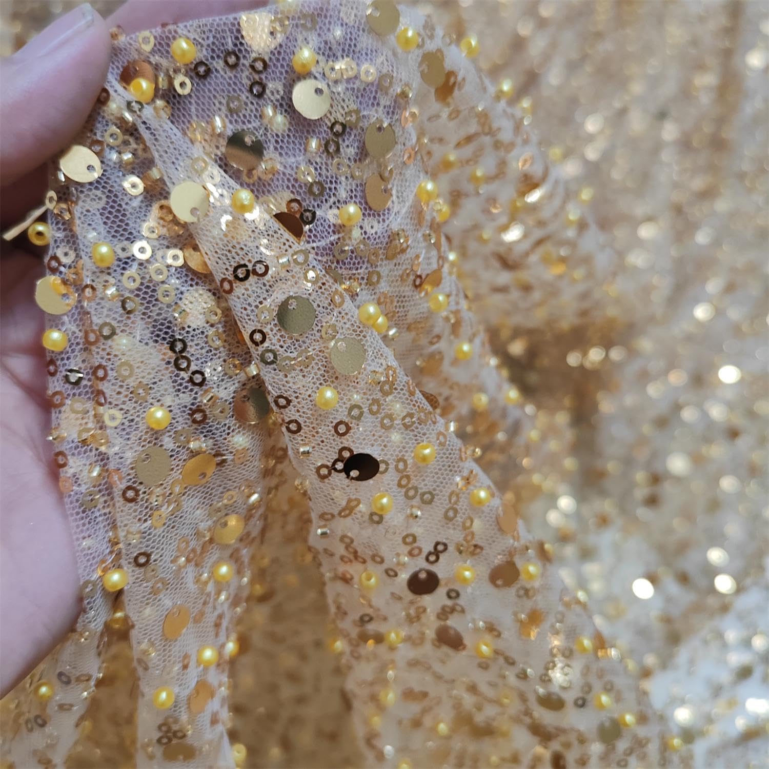 51" Wide Exquisite Heavily Pearl Soft Tulle Mesh Wedding Lace Fabric Embroidered French Sequined Bead Lace Fabrics for Handmade DIY Wedding Evening Dress Bridal Veil (Golden, Cut by The Yard)