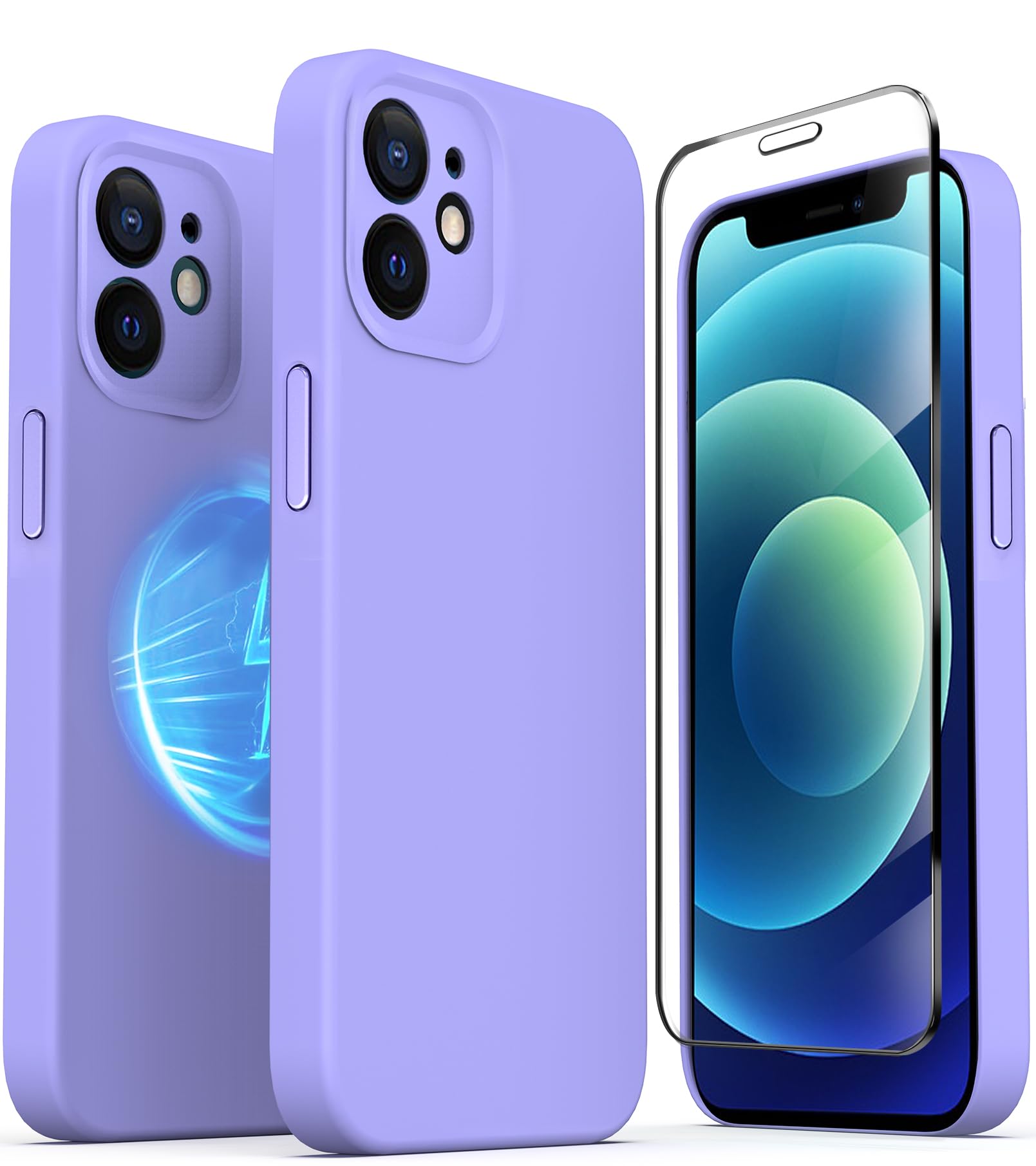 TZGZT Camera Protection for iPhone 12 Phone Case, [fits MagSafe Accessories] Magnetic Protective Cover with 2X Screen Protector, Women Case for iPhone 12, Silicone Purple#2