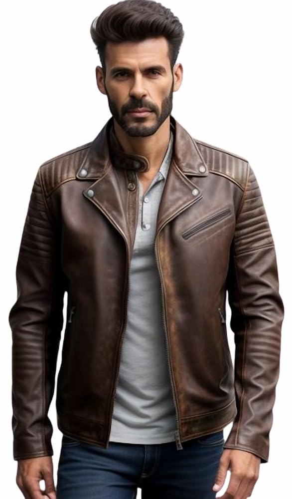 Men's Distressed Chocolate Brown Motorcycle,Genuine