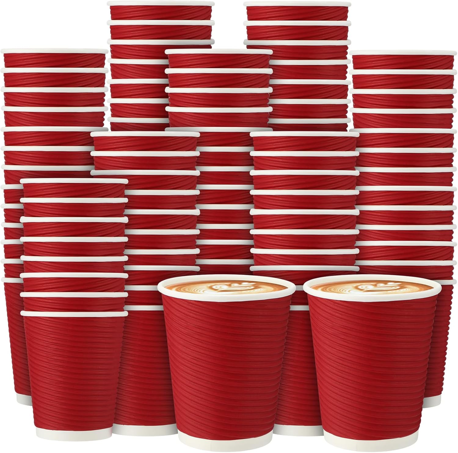 200 Pack 8 oz Disposable Paper Coffee Cups Bulk, Insulated Ripple Wall Corrugated Drink Cups Tea Cocoa, No Lids, for Picnics, Heavy Duty Parties, Offices, Bar Supplies(Red)