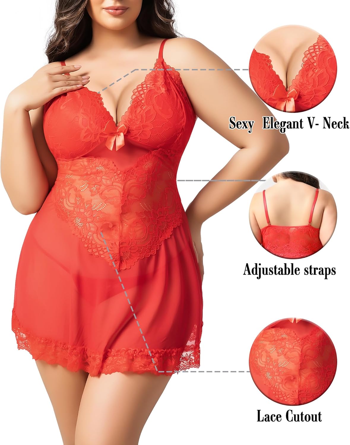 Plus Size Lingerie for Women Lace Chemise Sexy Mesh Chemise Teddy Babydoll Lingerie Exotic V Neck Sleepwear - Image 5