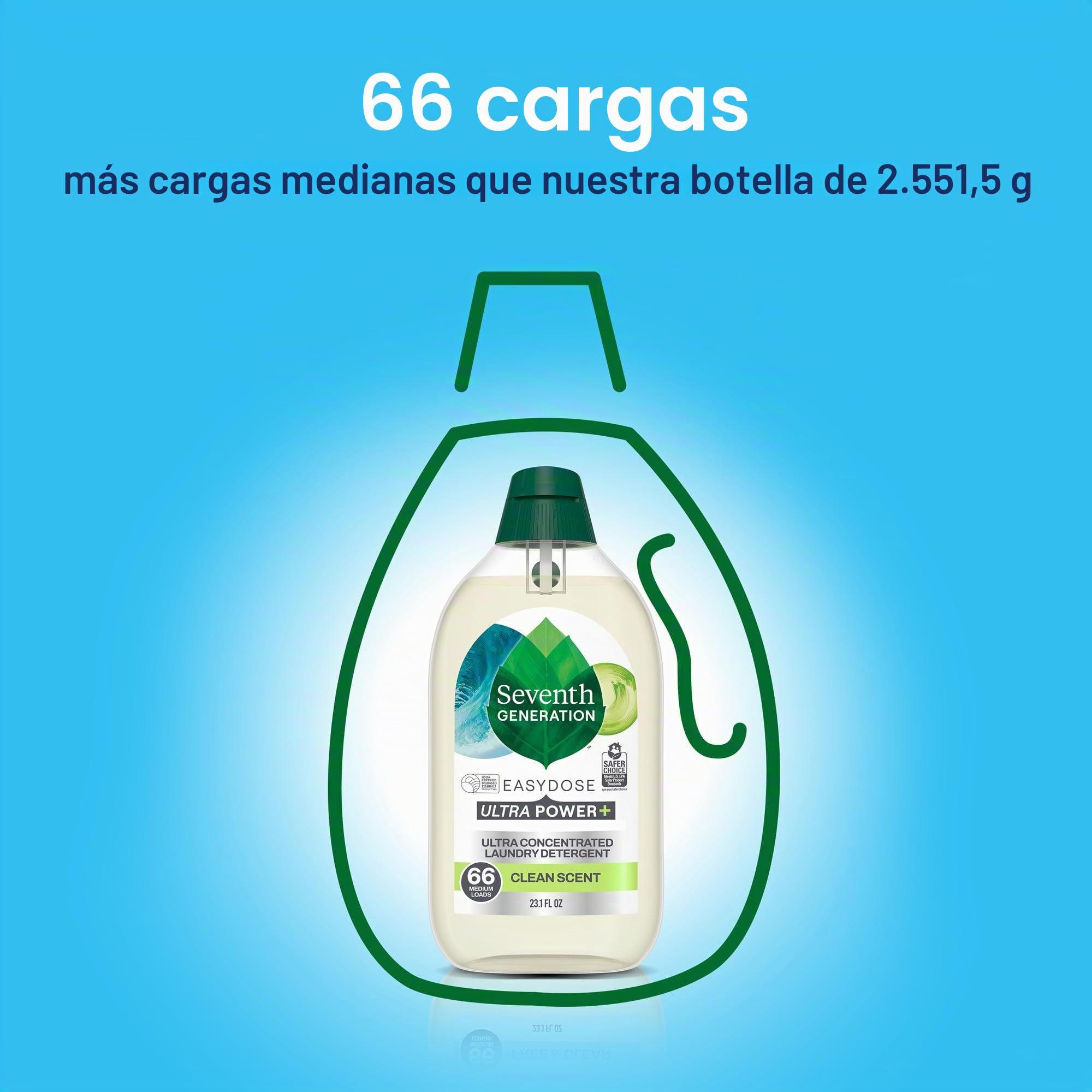 Seventh Generation Detergente para lavandería, 23 onzas (66 cargas) EasyDose, aroma Power+ Clean