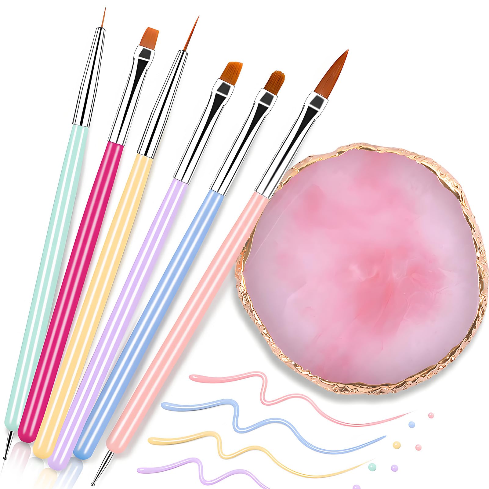 Resin Nail Art Palette with 6 PCS Nail Art Brushes,Nail Polish Mixing Palette Nail Design Brush Sets, Professional Nail Art Tools for Drawing Painting 3D Design Salon & DIY Use