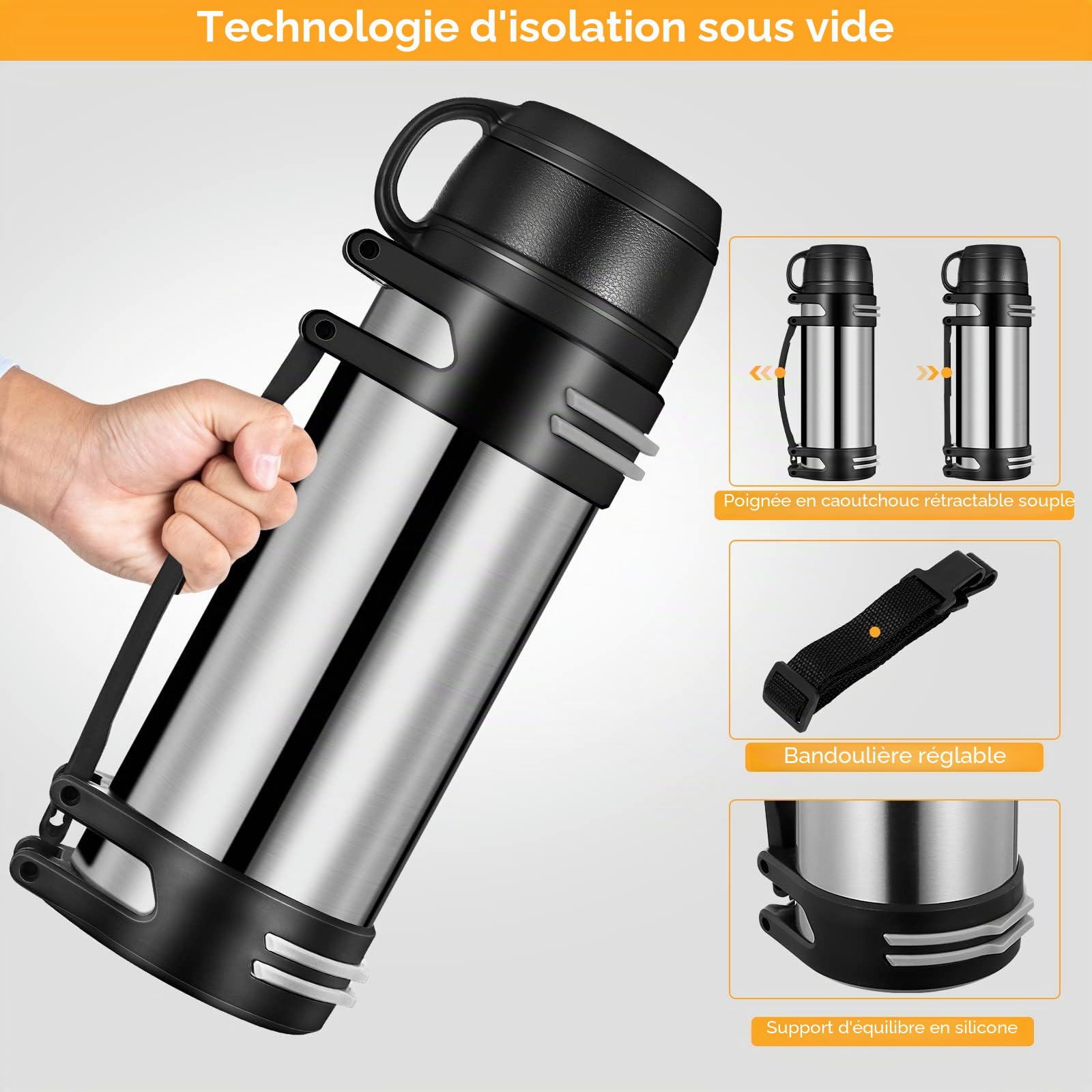 2 L Gourde Isotherme en acier inoxydable Grande Bouteille Isotherme Etanche | Bouteille d’eau Acier Inoxydable Isolée, Réutilisable gourde randonnée, Camping Velo Sport Running Randonnée Café The
