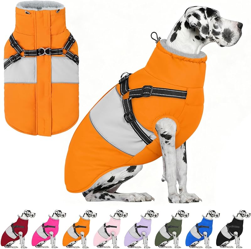 Casaco de Inverno para Cães com Peitoral Integrado e Forro de Fleece AOFITEE, Laranja-claro, 3XL