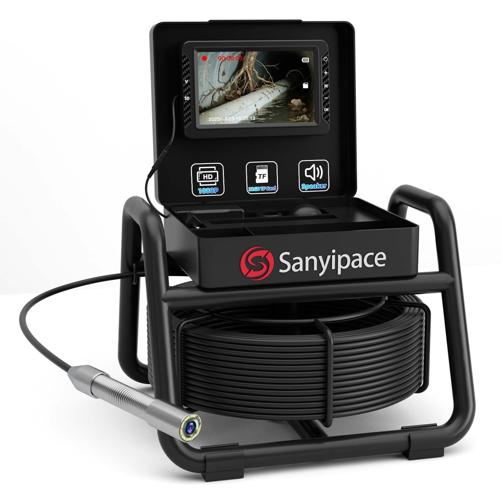 Sanyipace 18MM Sewer Camera, 66FT/20M Drain Inspection Camera with Microphone and Speaker, 1080P IP68 Waterproof Pipe Camera with 8 LEDs, Stiff Cable for Drain Duct Plumbing Inspection, 32GB Card