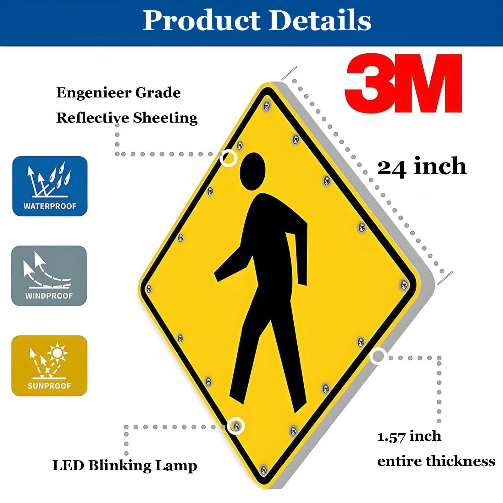 Señal LED solar intermitente para cruce de peatones, señal de advertencia de tráfico vial de aluminio, reflectante de grado de ingeniero, IP65 impermeable, LED de alto brillo para seguridad vial