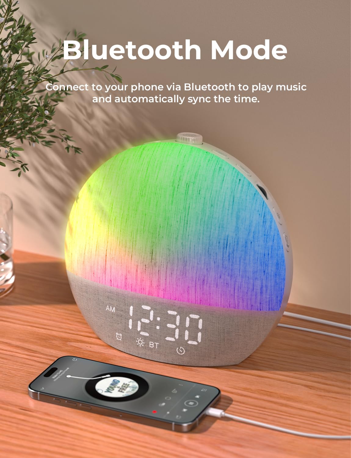 LIORQUE Réveil Lumineux Simulateur d'Aube, Reveil Simulateur d'Aube sur Lampe de Chevet, 17 Modes d'éclairage, 30 Sons apaisants, Mode Sommeil, Connexion Bluetooth, avec Alarme et Fonction Snooze