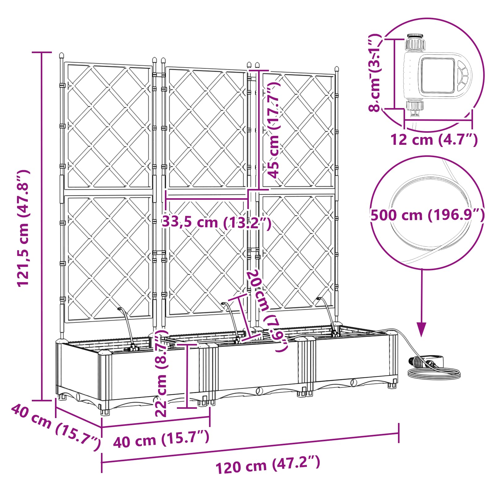 Macetas altas con sistema de riego y enrejado, juego de 3 unidades, color marrón, rectangular, 120 x 40 x 126 cm, para jardín, balcón, terraza, plástico resistente, mate, interior y exterior