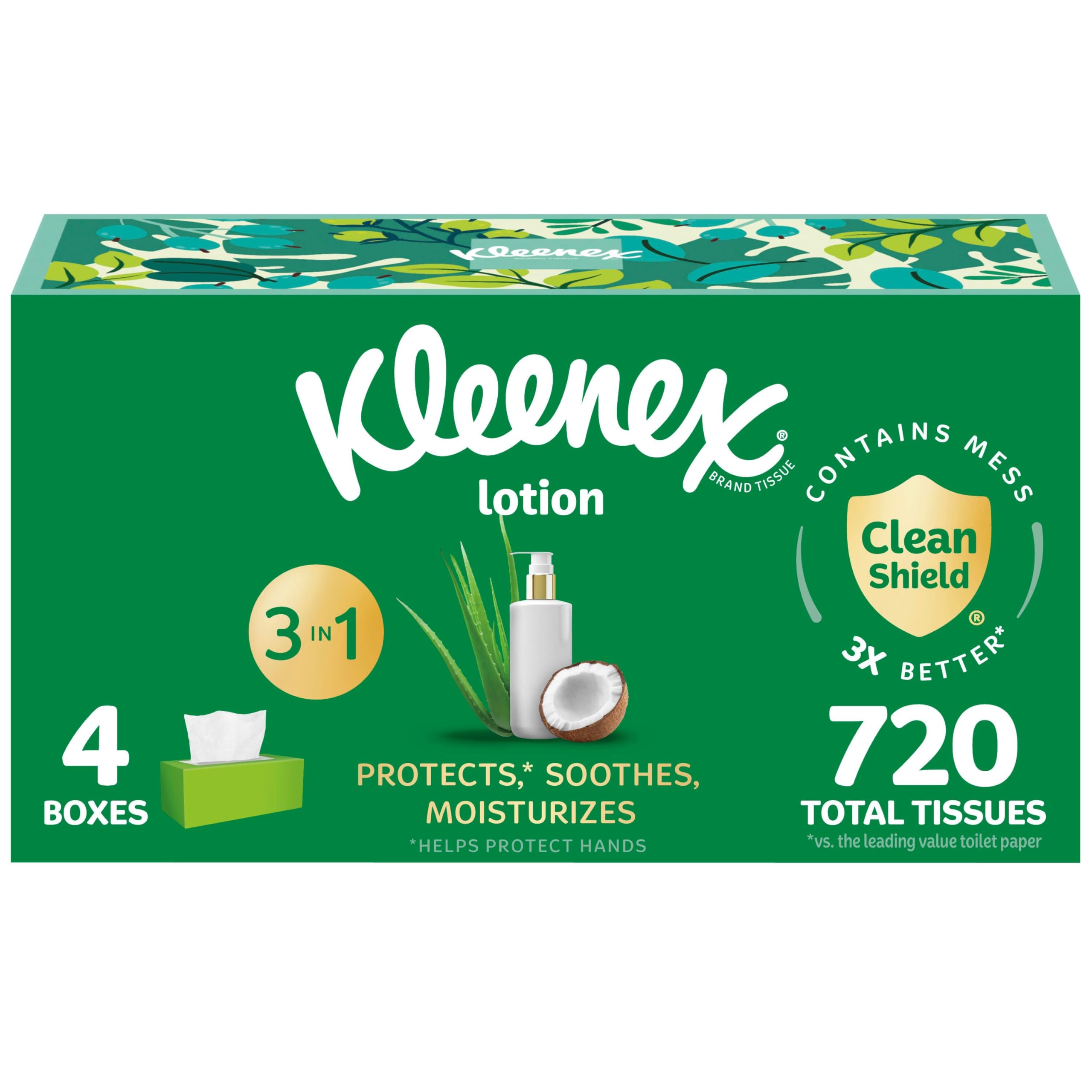 Kleenex Lotion Gesichtstücher mit Kokosöl, 4 flache Boxen, 180 Tücher pro Box, 3-lagig