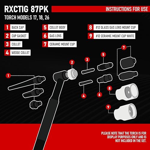 Miniatura 9 de RX WELD Antorcha de soldadura TIG, 49 piezas, lente de gas #10 Pyrex vidrio Copa Kit para WP-171826 (49 piezas)