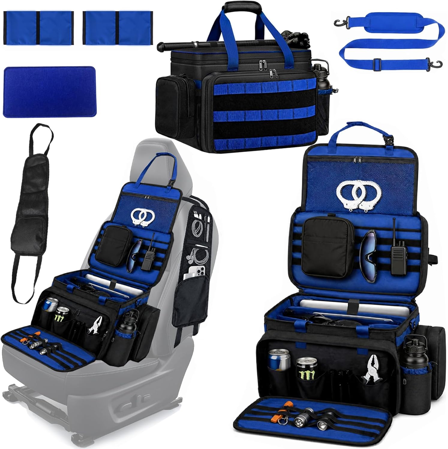 2 Pack Patrol Bag Law Enforcement Police Gear Bag Car Seat Organizer Tactical Officer Duty Bags Police Car Accessories for Passenger Seat Laptop Storage Stabilizers Removable Shoulder Strap (Blue)