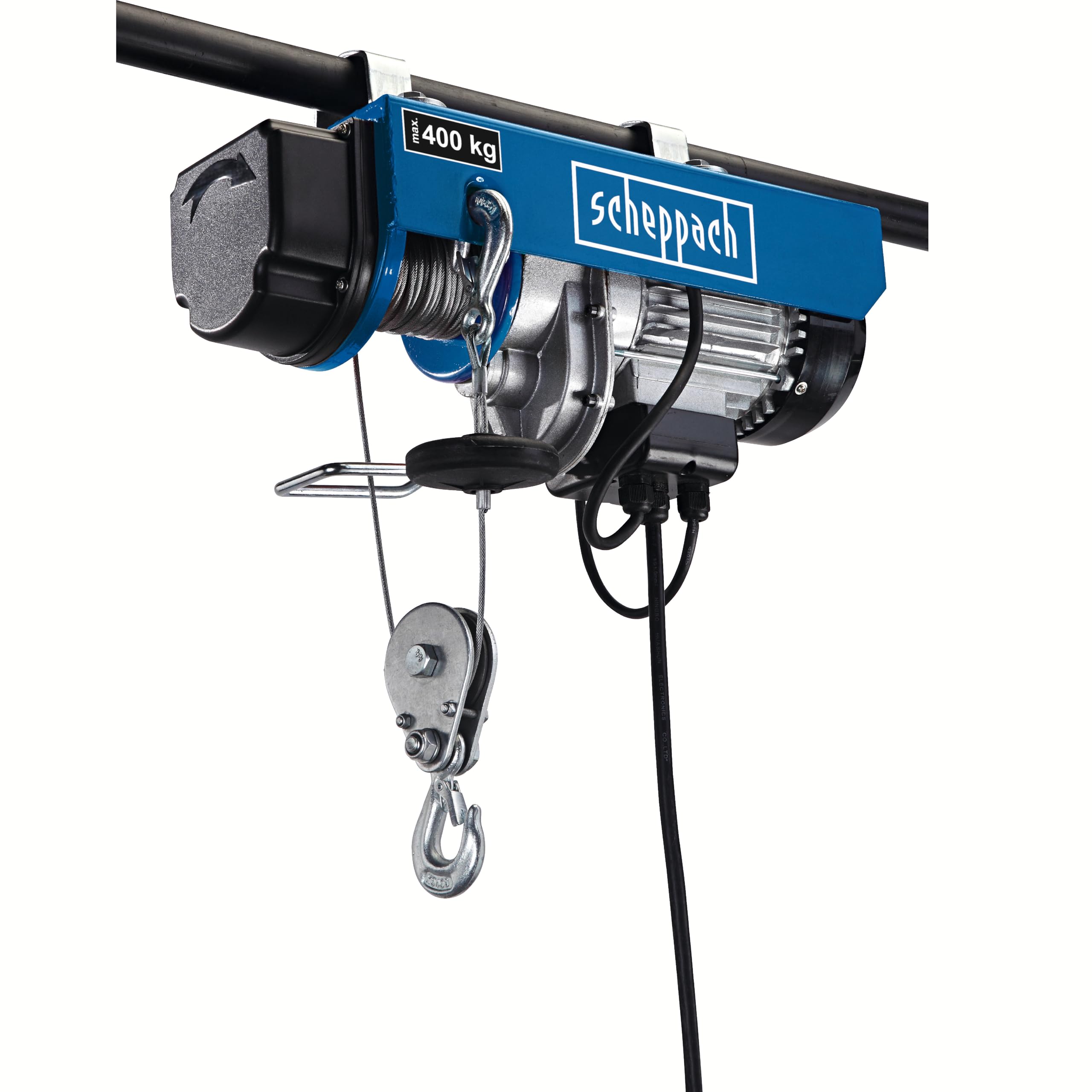 Scheppach Palan Electrique HRS400 |780W | Capacité de charge 400 Kg | Hauteur de Levage 12 m | Câble Métallique 12 m | Installation Facile