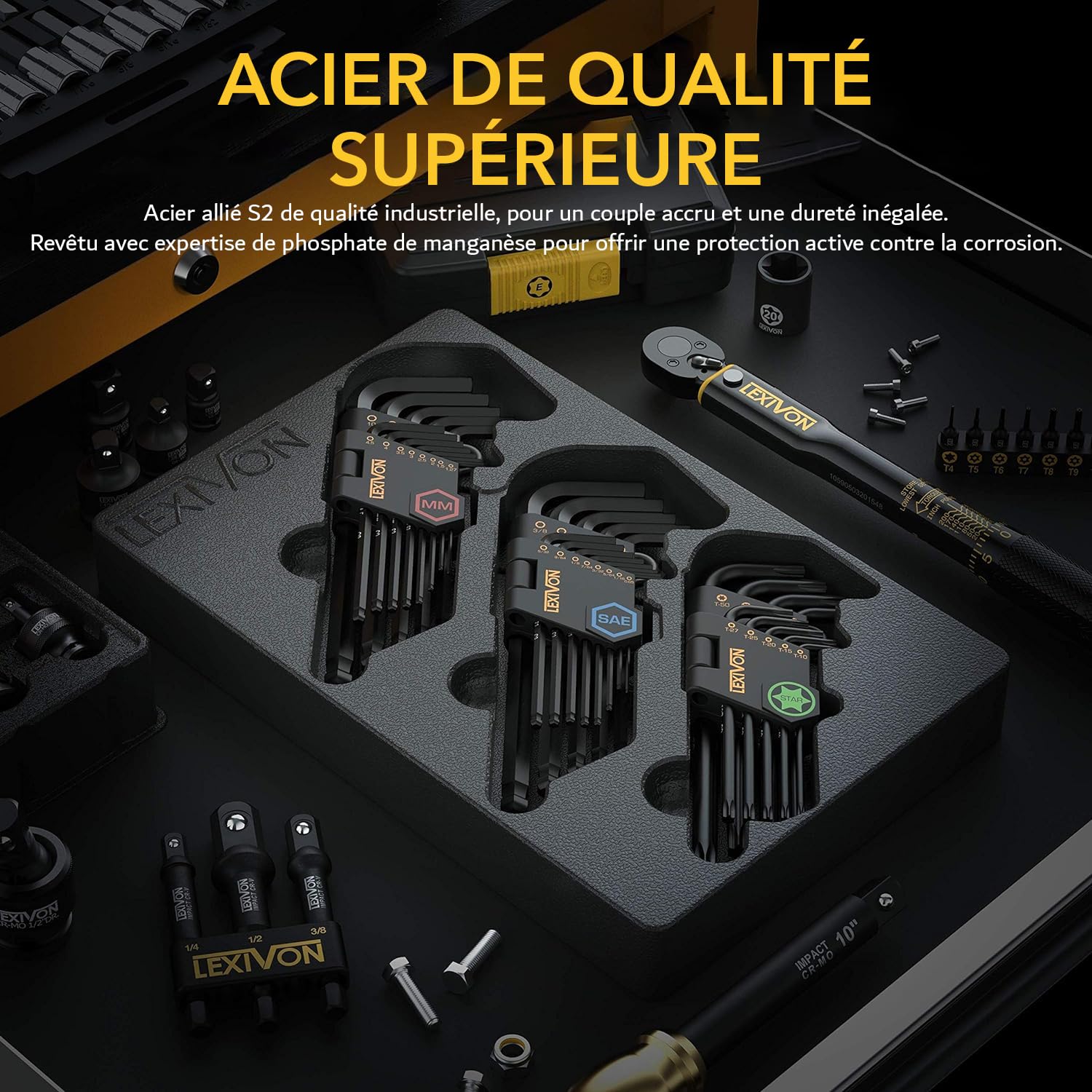 LEXIVON Jeu de 35 Clés Allen Métrique Hexagonal Torx et SAE, Clé Allen Manche Long Mâles pour vis à six pans creux, Métriques: 1,27 à 10mm Impériales Clés: 0.05 à 3/8", Torx: T10 à T50 (LX-131)